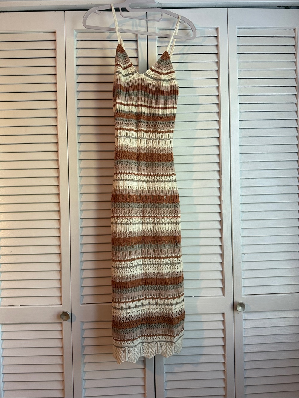 Crocheted Striped Maxi Slip Dress in Cream and Brown